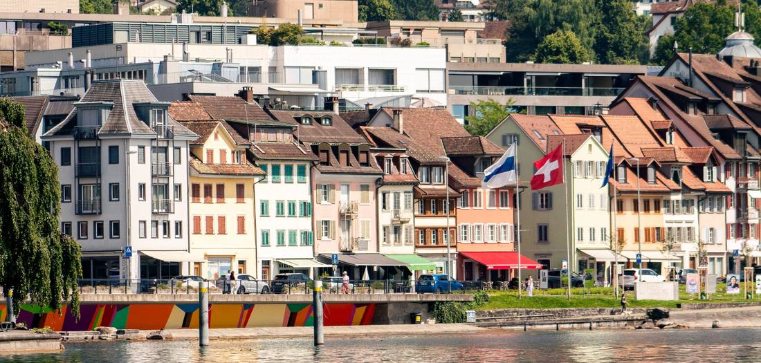 The lakefront terrace of houses at Zug in Switzerland, seen across the water
